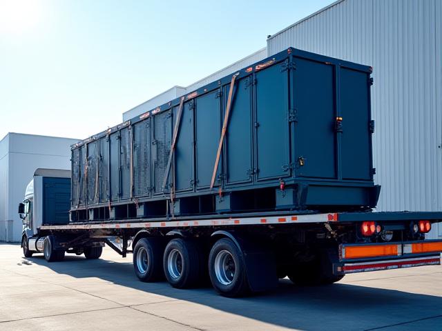 A large industrial cooling unit on a flatbed trailer
