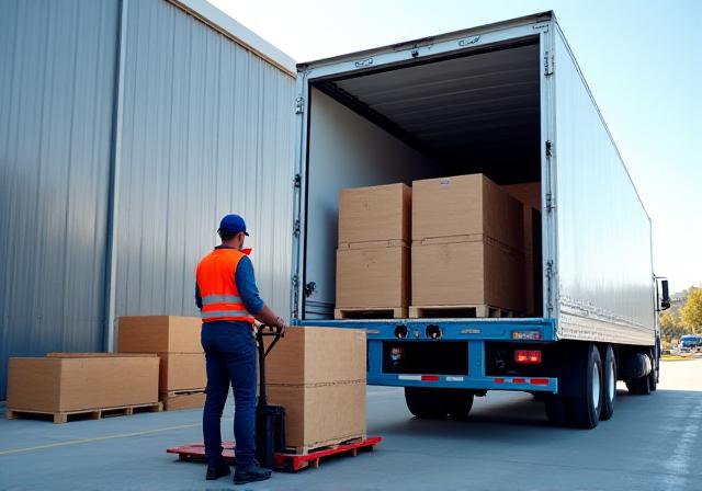 Pallets of freight being loaded into a Kent Transportation truck using a pallet jack