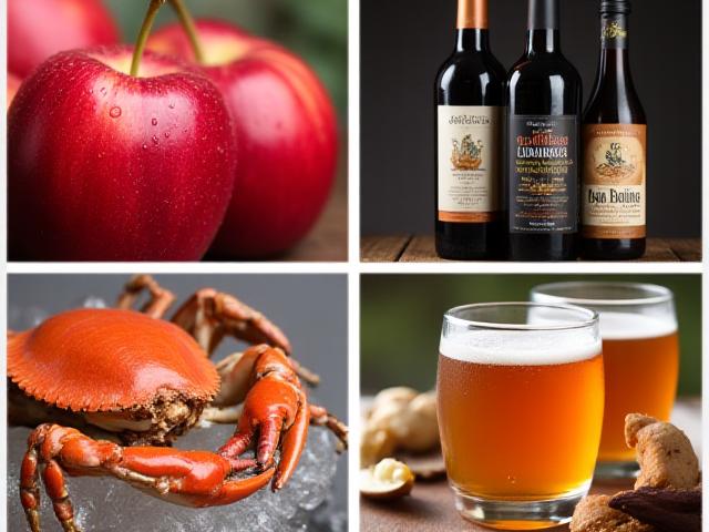Collage of fresh Washington apples, wine, and seafood products representing the local industry